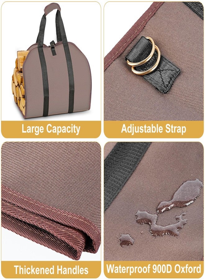 LBTING Firewood Log Carrier, 2 Pack Heavy Duty 900D Oxford Log Tote Wood Carrying Bag with Handle Security Strap, Suitable for Indoor Fireplace and Outdoor Camping - Brown & Khaki - Image 2